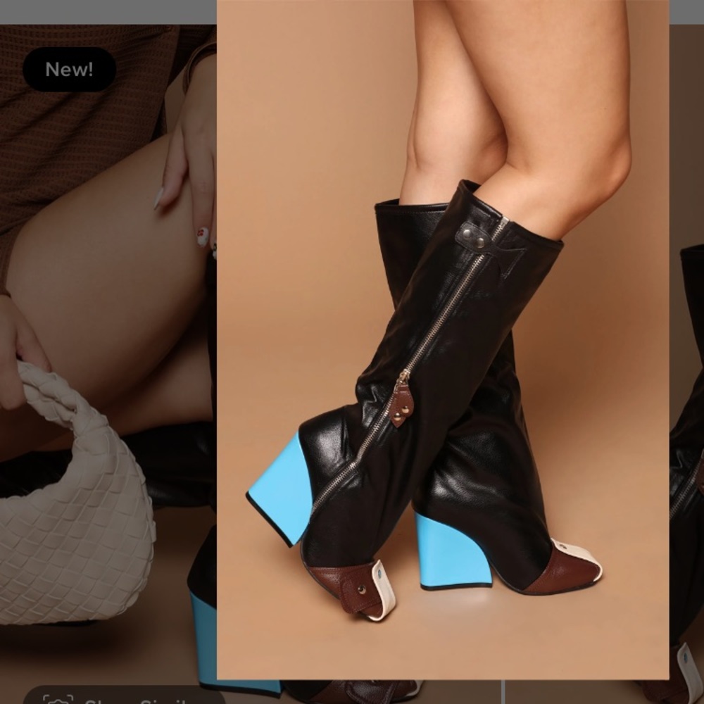Black Leather Knee Boots with Blue Wedge Heel - Picture 10 of 10